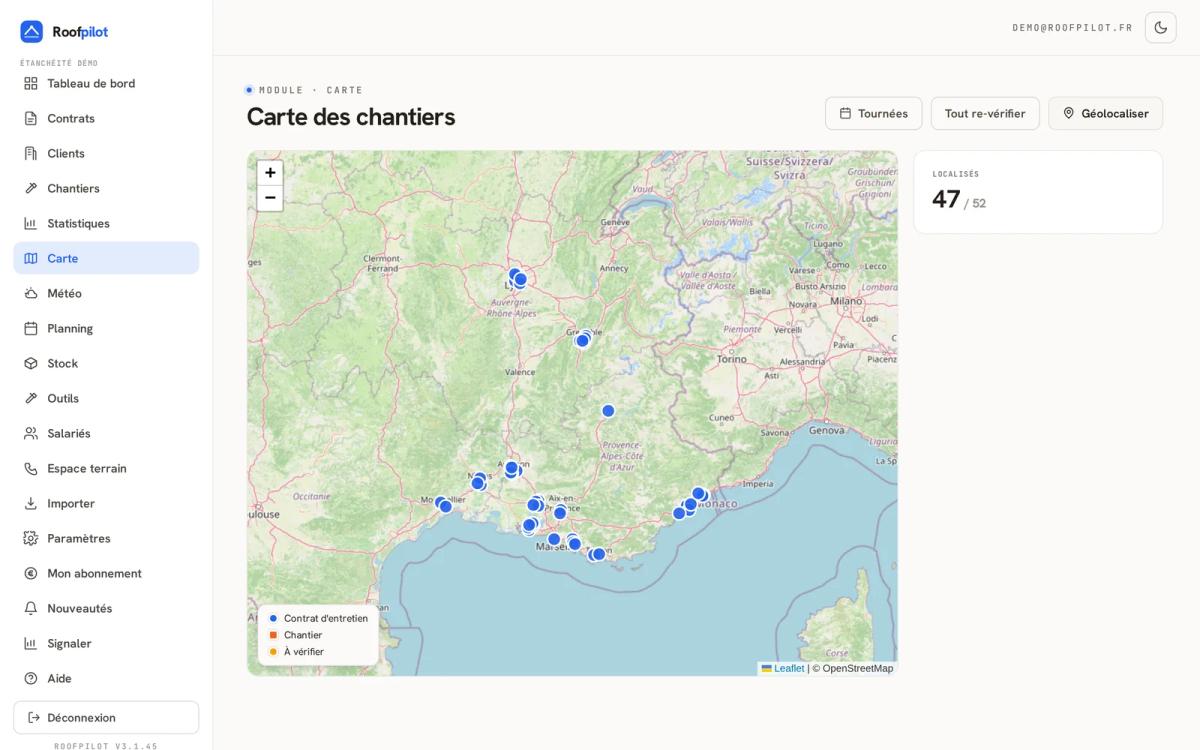 Carte géolocalisée des contrats d’entretien de toiture dans RoofPilot