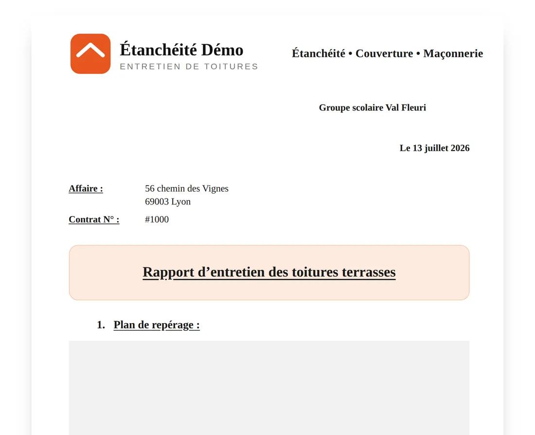 Rapport d’entretien de toitures terrasses généré en PDF par RoofPilot