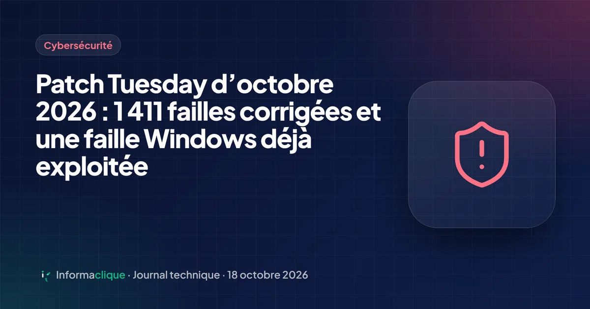Patch Tuesday d’octobre 2026 : 1 411 failles corrigées et une faille Windows déjà exploitée